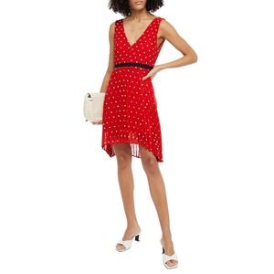 Maje Relina Pleated Embroidered Georgette Mini Dress Red White Black VNeck EU 40
